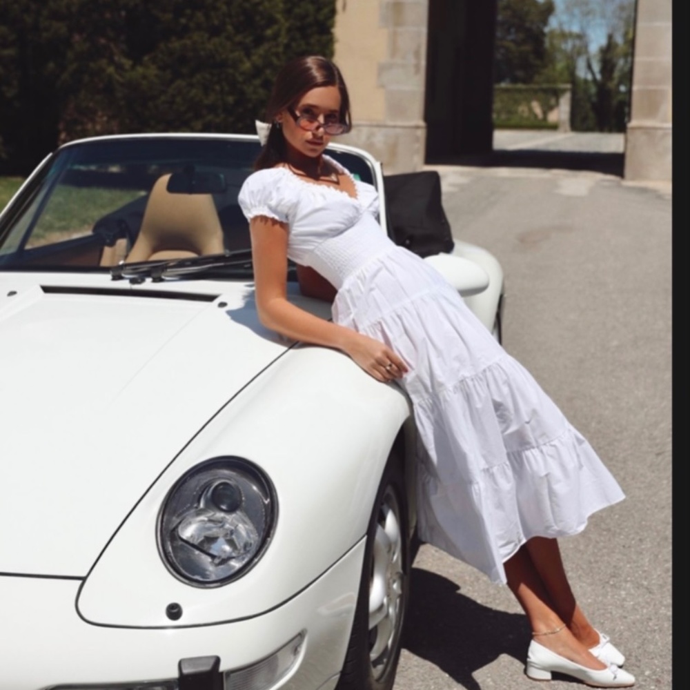 PUFF SLEEVE COTTON POPLIN SMOCKED MIDI DRESS